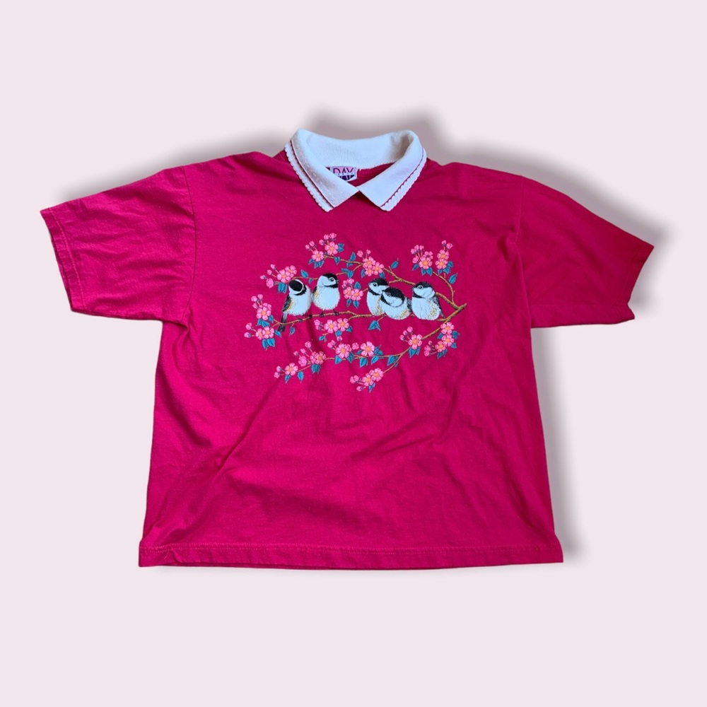 Vintage Grandma Cottagecore bird tee with collar Sz. L
